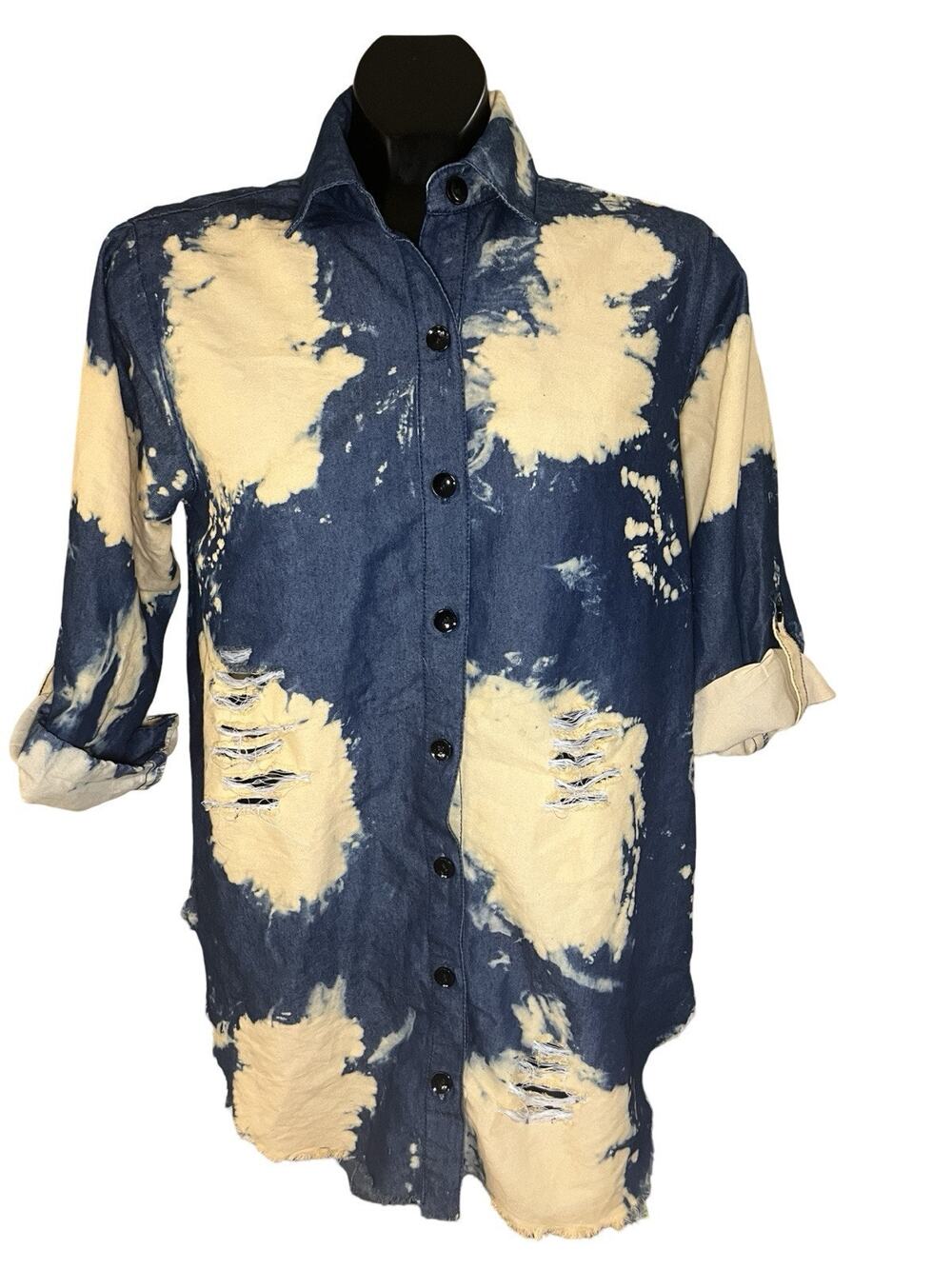 Thrill Jeans Bleached Distressed Denim Button-Up Shirt Medium